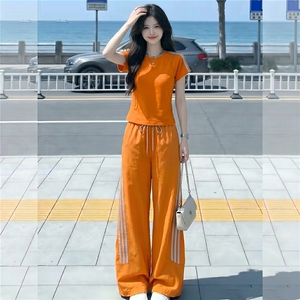 港风炸街休闲运动套装女夏洋气显瘦修身圆领短袖上衣长裤两件套潮，女装套装/套裙，江南