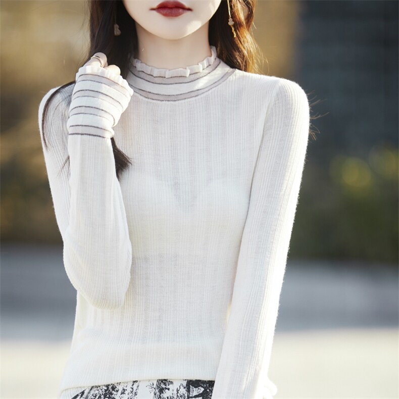 高级感打底衫2025春季蕾丝花边上衣女内搭半高领镂空针织衫羊毛衫,女装羊毛衫,戎美山