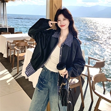 设计感假两件格纹拼接皮衣短外套女2026春季新款宽松休闲显瘦夹克，女装皮衣，艾米莉亚