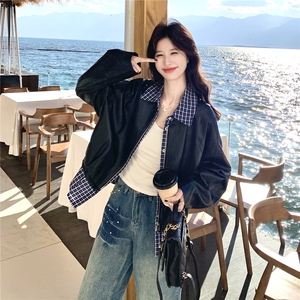 设计感假两件格纹拼接皮衣短外套女2026春季新款宽松休闲显瘦夹克图片