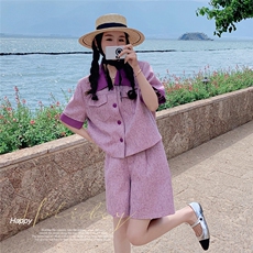 紫色小香风套装女小个子2023夏新款法式高级气质短裤半身裙两件套，女装套装/套裙，2C088