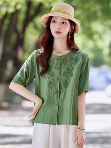 现货！夏季新款2025套装女简约时尚优雅气质减龄天丝麻料刺绣上衣图片