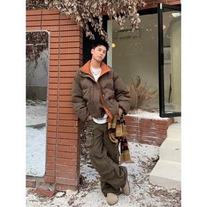 EAHO秋冬两面穿棕色复古立领棉服夹克男女情侣加厚外套图片