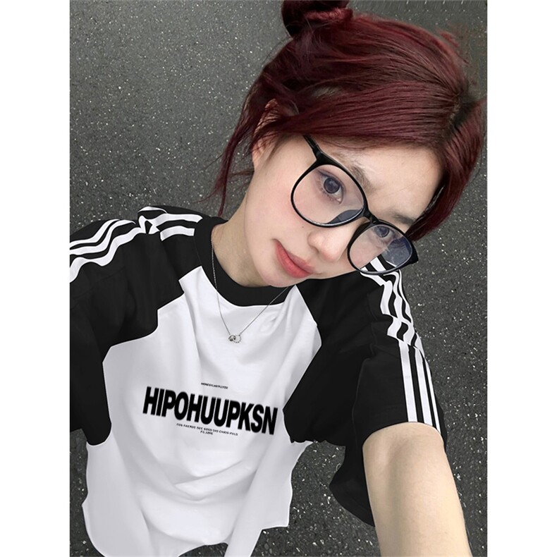 夏季美式高街重磅纯棉三条杠织带插肩撞色男女短袖T恤 CZ01-特P25图片