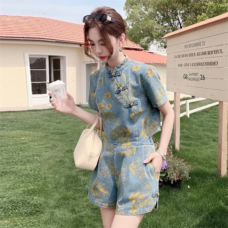 新中式风盘扣牛仔套装裙女2025年夏季新款复古印花半身裙两件套，女装套装/套裙，浙宝二楼003号