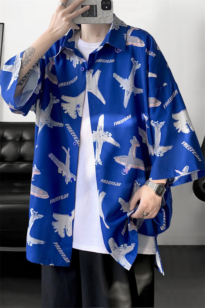 夏季潮流小飞机满印ins衬衫新款冰丝情侣装A071-C35-P38,男装衬衫,电商A071