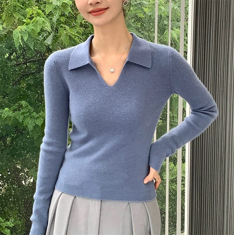 HE|简约气质baby山羊绒衫女半开领针织衫修身毛衣polo领毛衣,针织衫/毛衣,泰沅羊绒