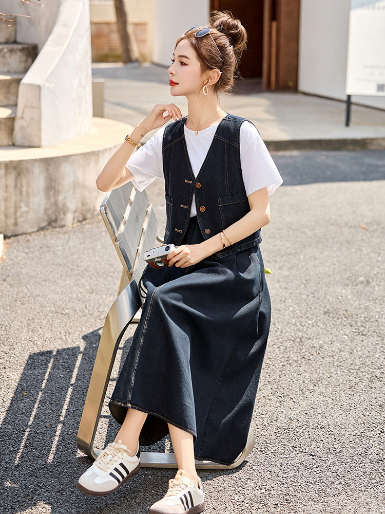 牛仔套装裙女春季2025新款宽松马甲长袖衬衫短袖T半身裙三件套,女装套装/套裙,秀美人生