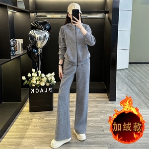 设计感纯色拼接收腰卫衣阔腿裤两件套,风衣搭配卫衣图图片