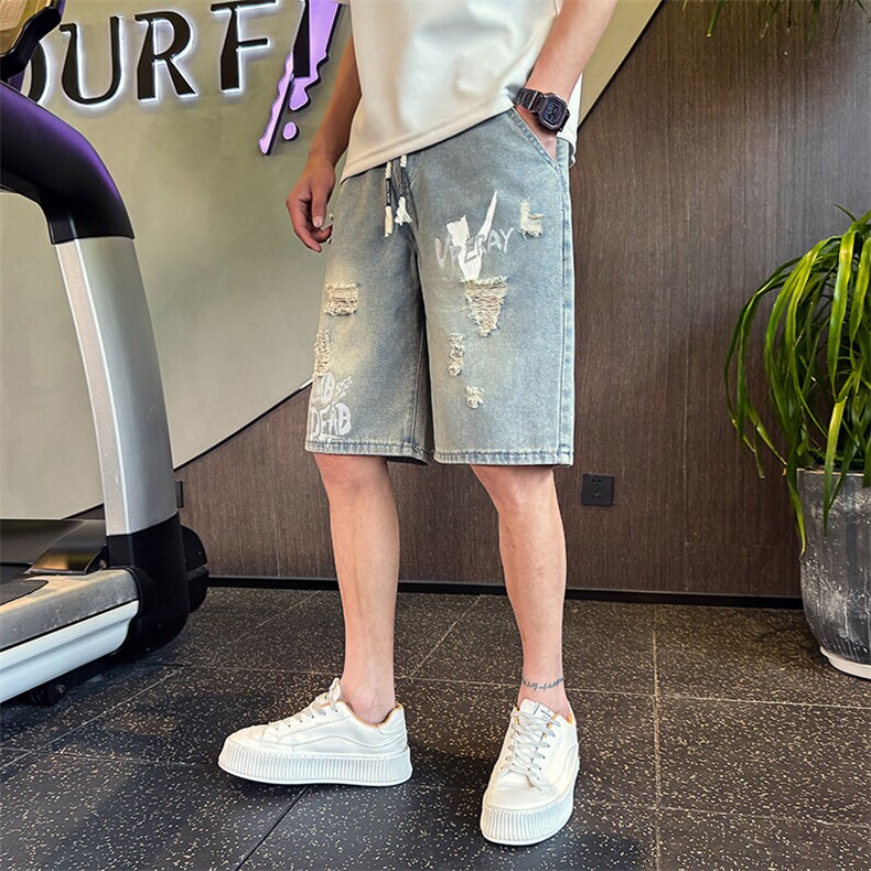 大货2025新款水洗牛仔短裤男士破洞印花休闲夏季五分裤901N02P38,男装牛仔裤,星座901