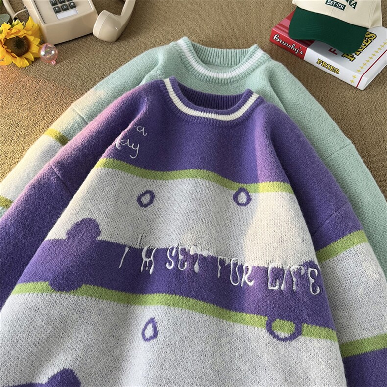 M8161/P65冬季美式时尚撞色条纹圆领?袖毛衣宽松休闲男女bf,男装针织衫/毛衣,电商A141
