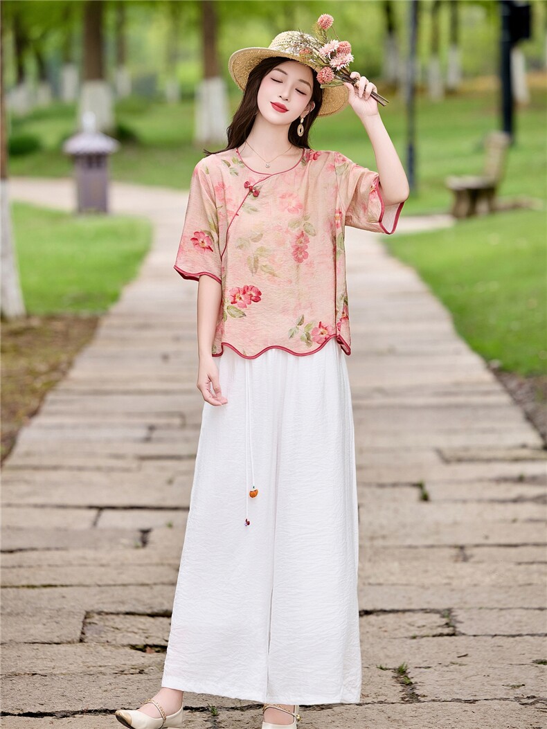 时尚洋气刺绣棉麻套装女2026夏季新款宽松遮肉显瘦阔腿裤两件套,女装套装/套裙,魅影