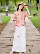 时尚洋气刺绣棉麻套装女2026夏季新款宽松遮肉显瘦阔腿裤两件套，女装套装/套裙，魅影