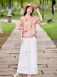 时尚洋气刺绣棉麻套装女2026夏季新款宽松遮肉显瘦阔腿裤两件套图片