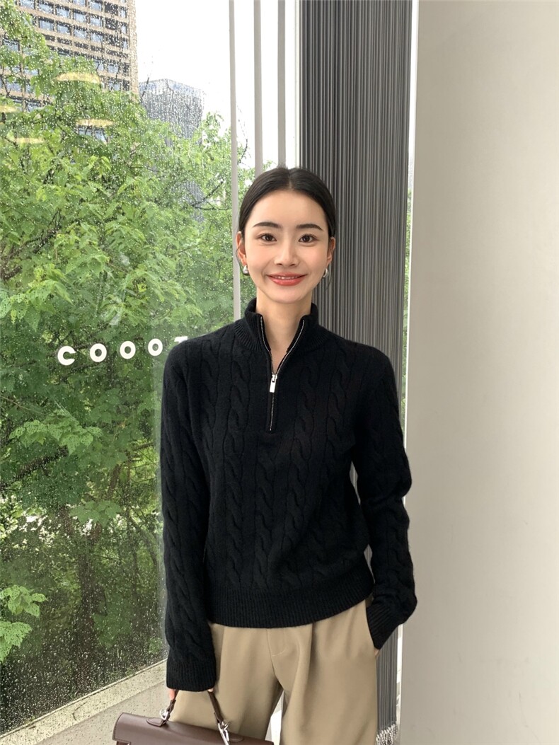 复古咖色立领麻花毛衣女秋冬季加厚慵懒老钱风半拉链针织衫,针织衫/毛衣,玛卡隆羊绒