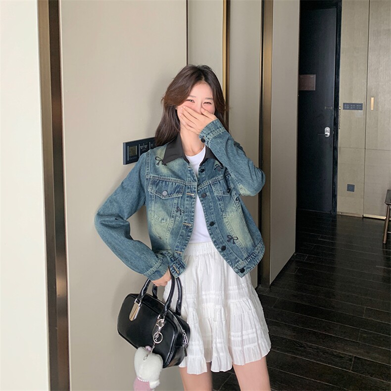 特惠女装女士牛仔外套2025秋季新品拼接领刺绣复古上衣休闲牛仔衣,女装短外套,纯色衣恋