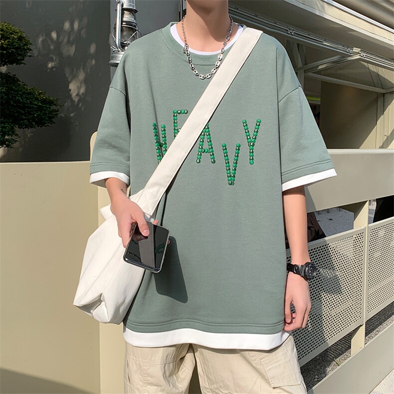 新款夏季短袖珠地面料宽松刺绣印花假两件男士T恤ZDY3416-P49图片