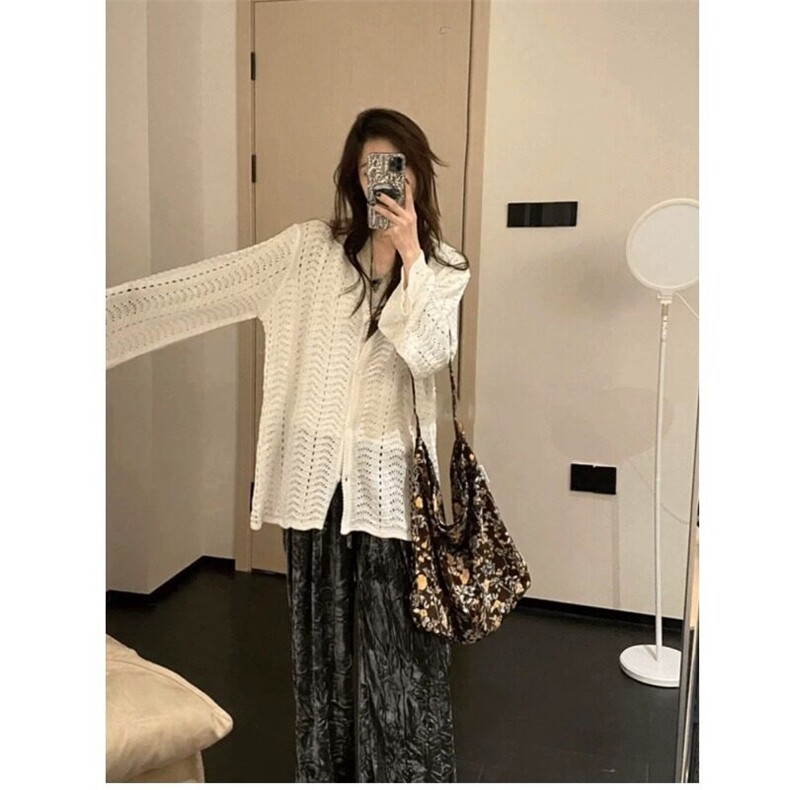 慵懒风镂空白色针织衫上衣女早春2025新款设计感小众百搭开衫外套,针织衫/毛衣,星座506A