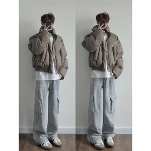 现货5W件冬季三防重磅硬挺boxy短款羽绒立领PU皮棉衣外套加厚棉服图片