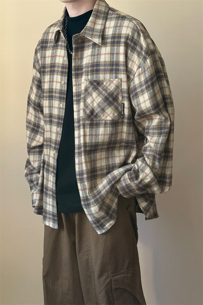 2025春宽松休闲格子长袖衬衣潮牌中性衬衫AC2308601-特批P50控89,男装衬衫,电商A351