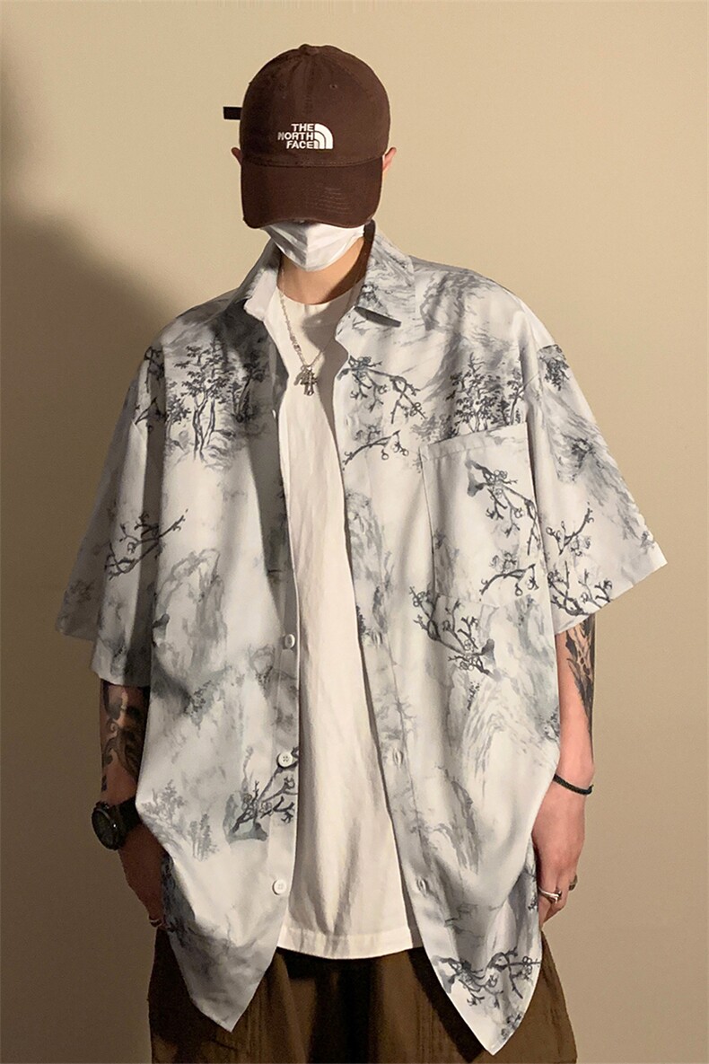 风墨竹衬衫X5531-TP25不控价复古印花中式青少年休闲宽松衬衫,男装衬衫,电商A102-1