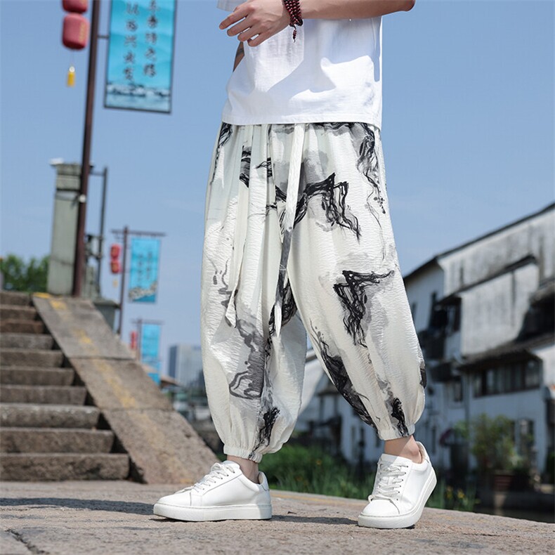 新中式冰丝数码印花宽松休闲九分裤801-p55,男装休闲裤,星座816A（原B366）