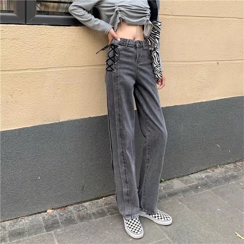 直筒牛仔裤女设计感小众高腰显瘦新款设计感绑带拖地阔腿裤，女装牛仔裤，中性港风女装