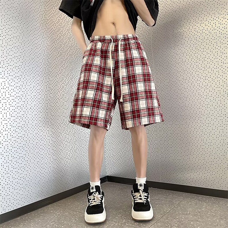 日系复古百搭休闲五分裤格子短裤男士夏季新款阔腿裤子K57-P30,男装休闲裤,星座1109-3