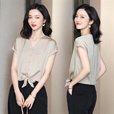 重磅真丝短袖衬衫女夏季2025新款气质V领设计感桑蚕丝短款上衣潮，女装衬衫，阿舍尔精品