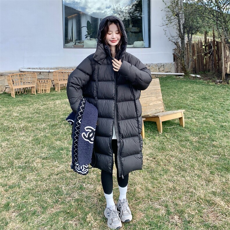 黑色长款连帽羽绒服女冬季2025新款韩系高级感加厚保暖白鸭绒外套,女装羽绒服,2C168