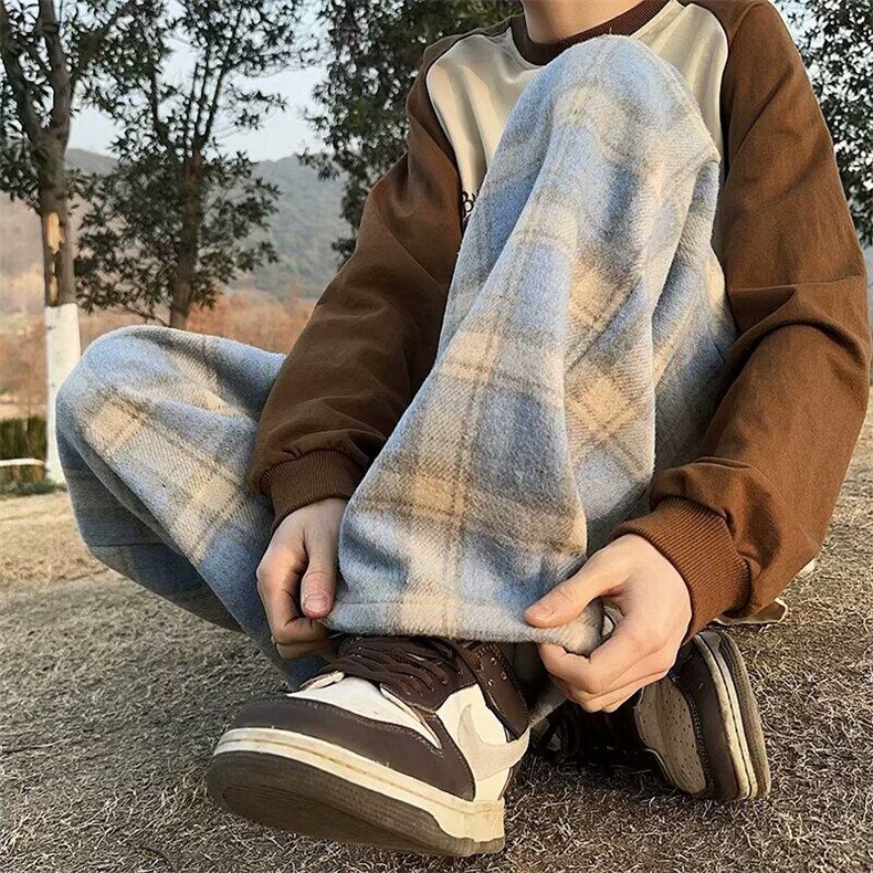 红色格子裤子春秋冬新款高腰垂感阔腿裤休闲加厚毛呢棉裤KK351-45,男装棉裤,星座911-3