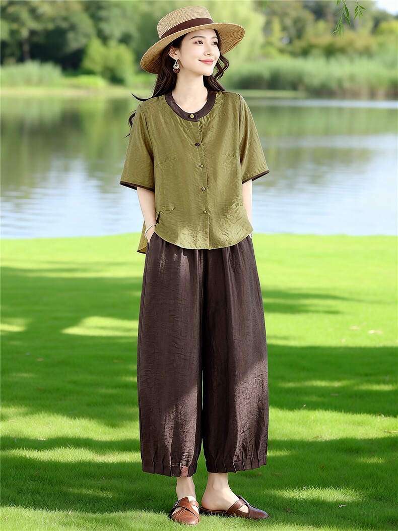 夏季新款简约通勤撞色宽松透气上衣裤子两件套装显高显瘦松弛套装,女装套装/套裙,芷墨服饰