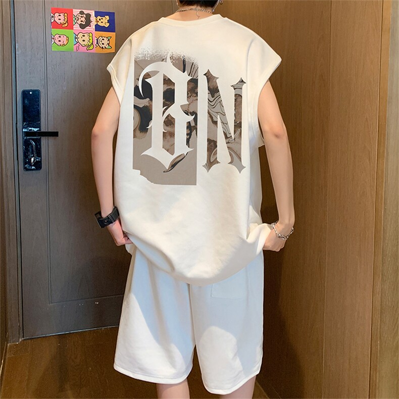 直播美式麂皮绒宽松背心无袖t恤短裤大码两件套套装TZ42-P58,男装T恤,电商A486