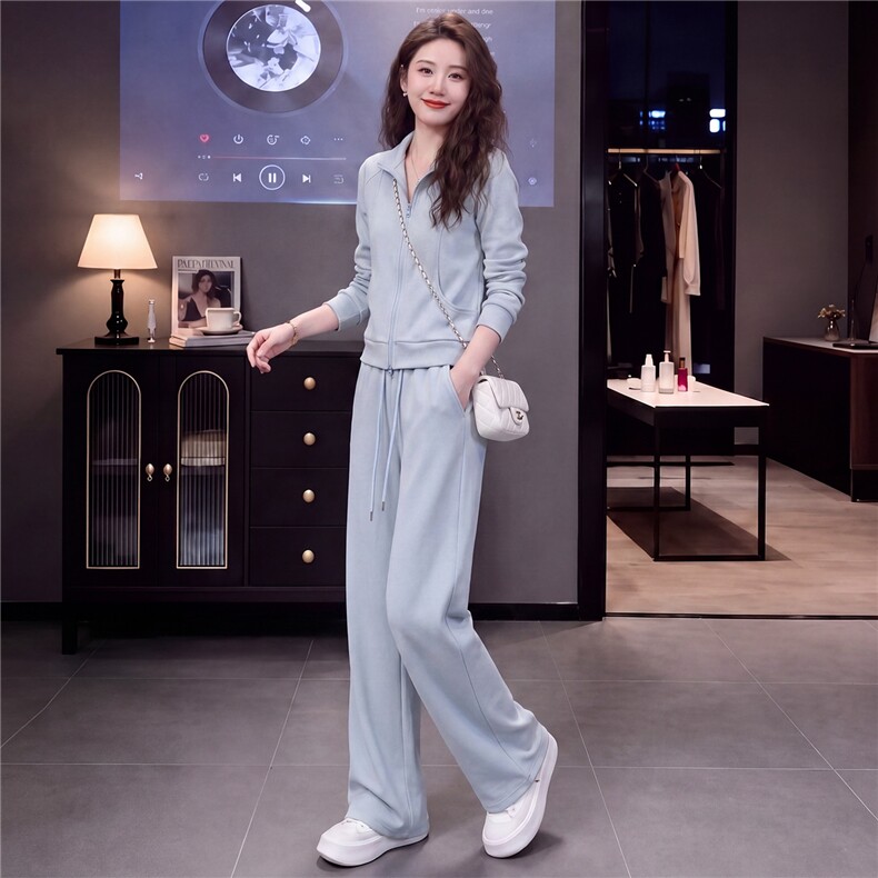 高级感时尚休闲运动服套装女春秋新款立领长袖卫衣阔腿长裤两件套,女装套装/套裙,江南