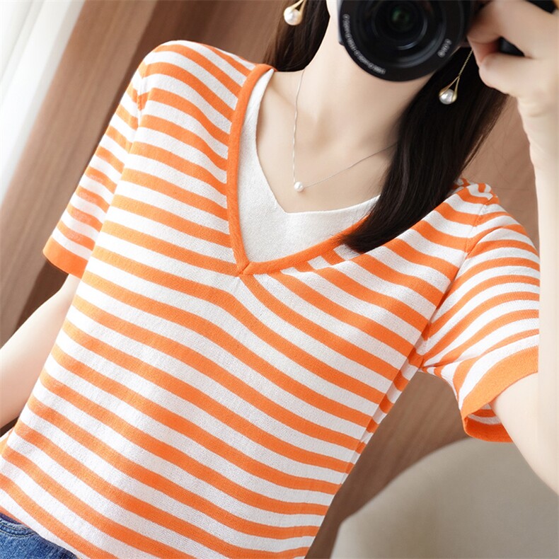 假两件条纹拼色短袖女V领针织冰丝半袖夏季新款冰麻宽松大码T恤衫，女装T恤，秋虹羊绒