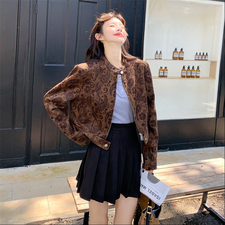时尚印花立领拉链短款外套女2025秋季新款宽松显瘦休闲百搭夹克潮,女装短外套,1C130