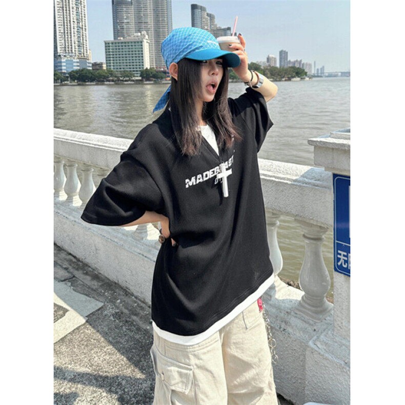 潮牌假两件撞色拼接短袖T袖女复古学院风字母印花上衣T519,男装T恤,星座1116A（原606A-3）