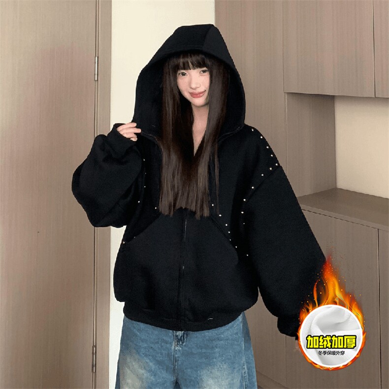 480G重磅加绒硬挺boxy男女美式高街卫衣铆钉杜宾犬耳朵开衫厚外套,女装短外套,电商A486