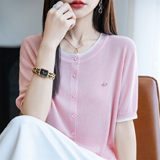 夏季圆领撞色莱赛尔天丝薄款开衫短袖T恤女休闲外搭针织半袖上衣，女装T恤，菲奥羊绒