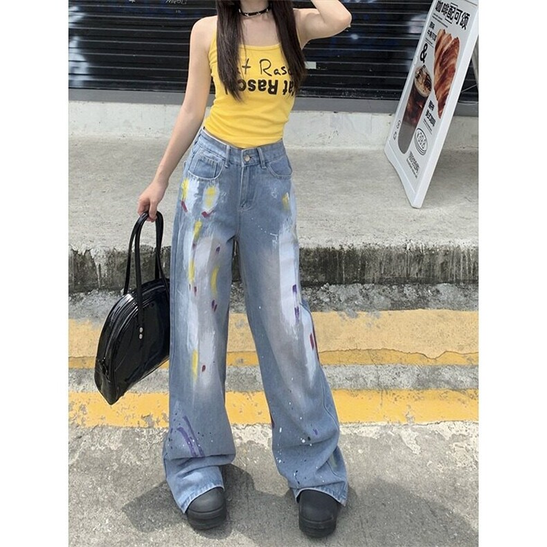 复古涂鸦彩绘直筒牛仔裤男女美式水洗高腰宽松百搭阔腿拖地NZ823,男装牛仔裤,星座1116A（原606A-3）
