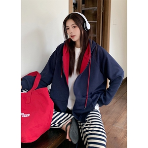 抖音得物二开美式高街重磅结构双层撞色连帽卫衣开衫外套W116图片