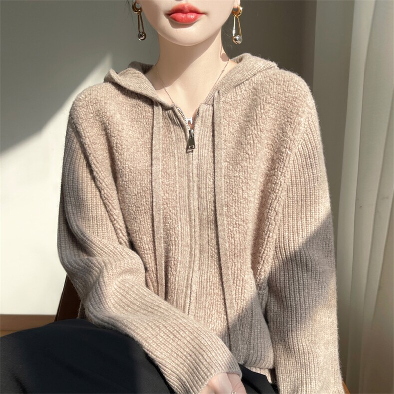 时尚百搭女士秋冬羊毛帽衫修身显瘦长袖针织开衫外套,女装羊毛衫,东远绒业