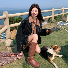 美式黑色拼接假两件机车服短外套女春秋超火好看高级小众夹克上衣，女装皮衣，2C056