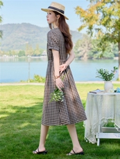 6307时尚V领格纹显瘦连衣裙，女装连衣裙，倪叶myz