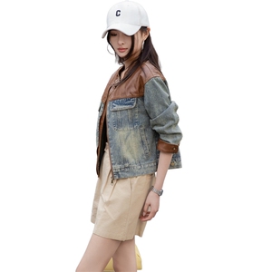 复古拼接牛仔外套女2025春秋新款韩版宽松小个子休闲短款夹克上衣图片