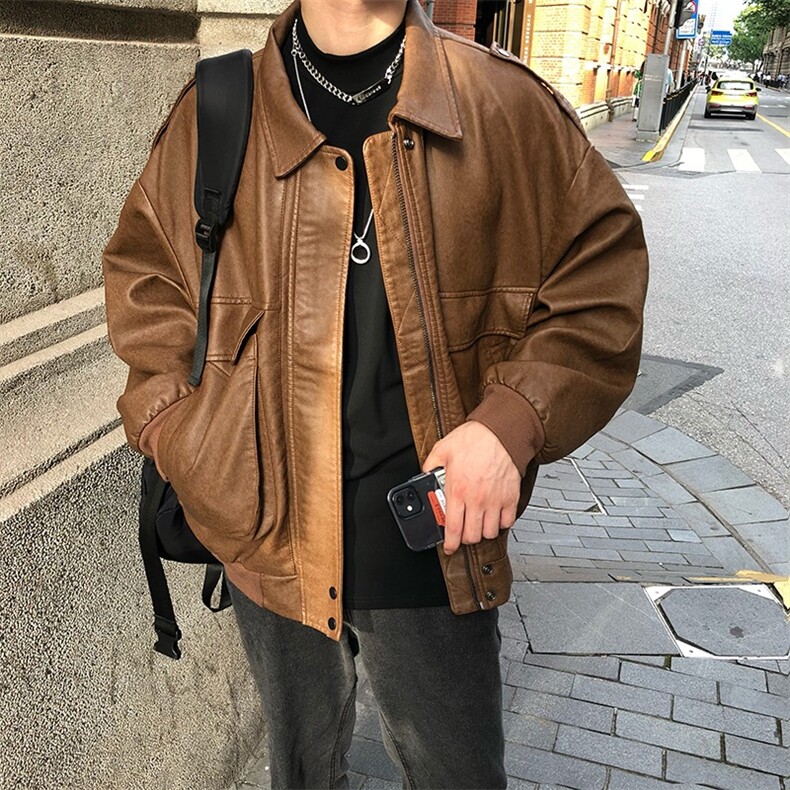 G98-P60美式复古机车皮衣夹克男棕色飞行员棒球服ins潮,男装皮衣,电商B323A