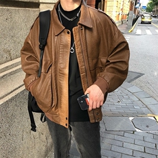G98-P60美式复古机车皮衣夹克男棕色飞行员棒球服ins潮，男装皮衣，电商B323A