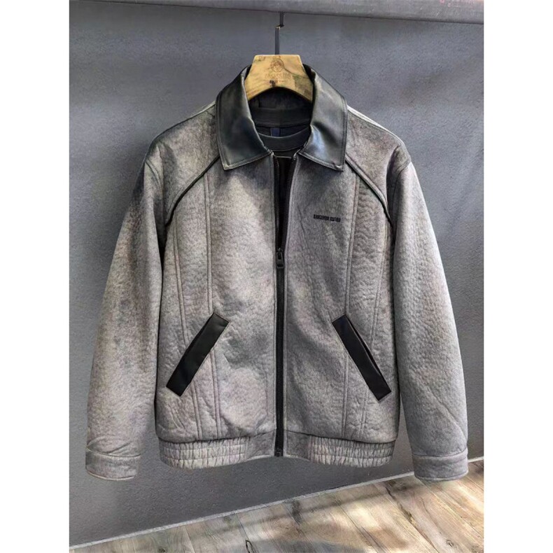 (网图)痞帅PU皮拼接外套潮牌撞色高级感外套上衣313B-8519-P155,女装短外套,星座313B