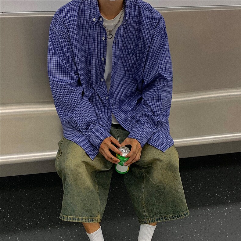 24美式复古蓝色格子长袖衬衫中性宽松绣花衬衫外套男女H993P58,男装衬衫,电商A341