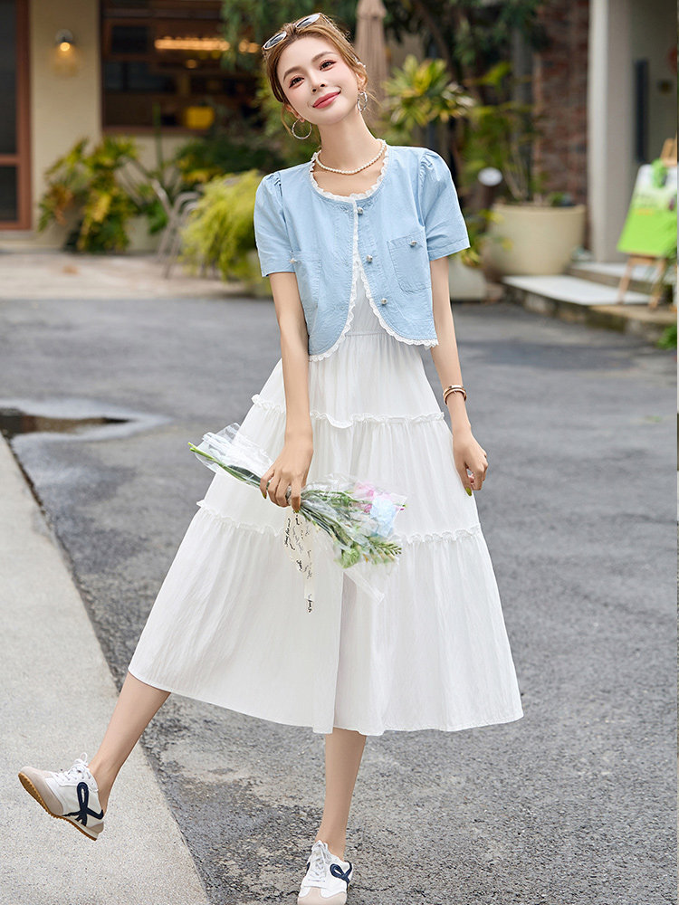 甜美温柔套装裙女夏季2025新款蕾丝花边短款小衫白色背心裙两件套,女装套装/套裙,依路服饰